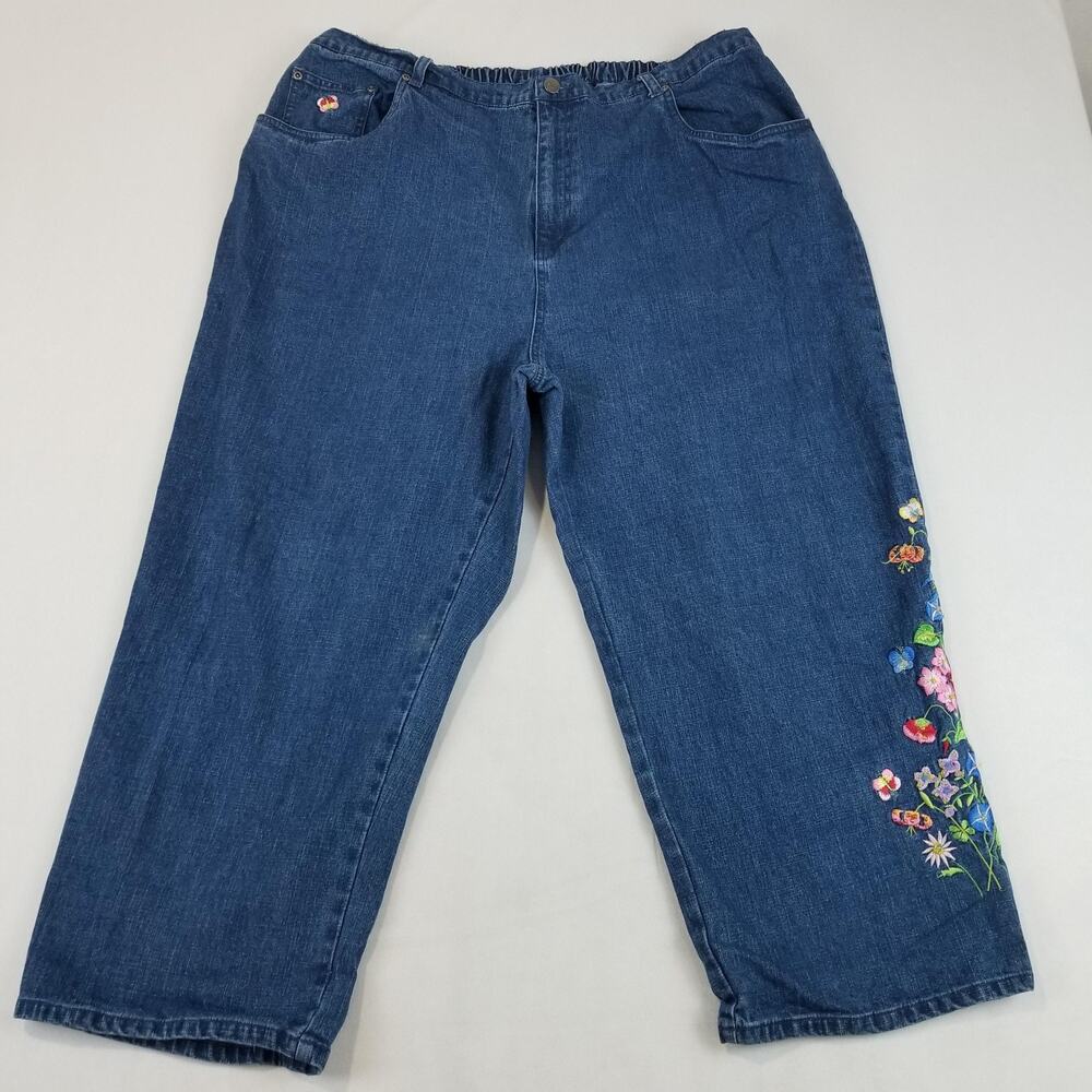 Quacker Factory Jeans Womens 2X Blue Denim Embroidered Crop Floral Butterflies